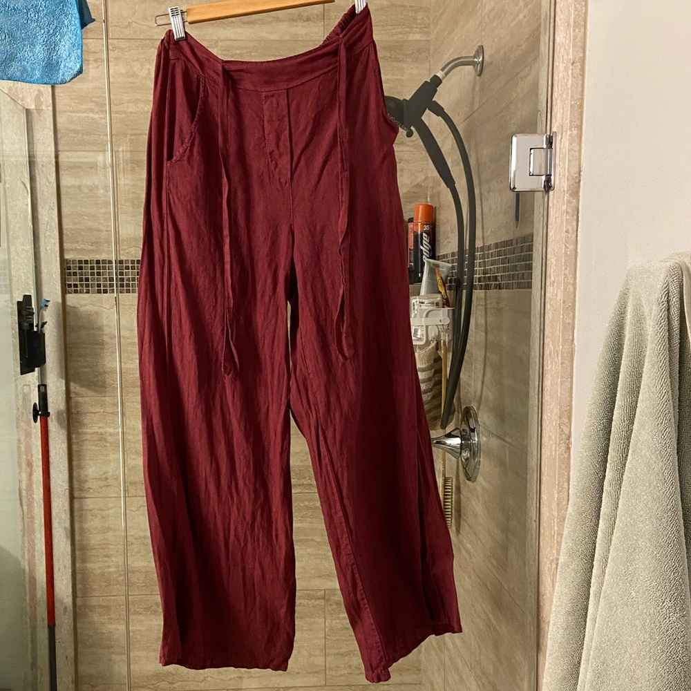 Linen Wide Leg Casual Pants Wine Colour